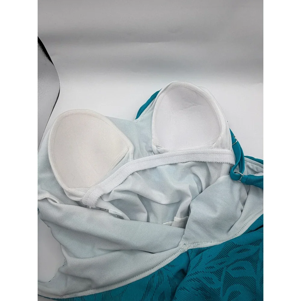Bal Harbour Swim One‎ Piece Women 14 Teal Blue Ruffle Tropical Palm Leaf NEW